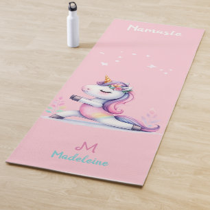 Unicorn Rainbow Yoga Pose Cute Pink Name Monogram Mat