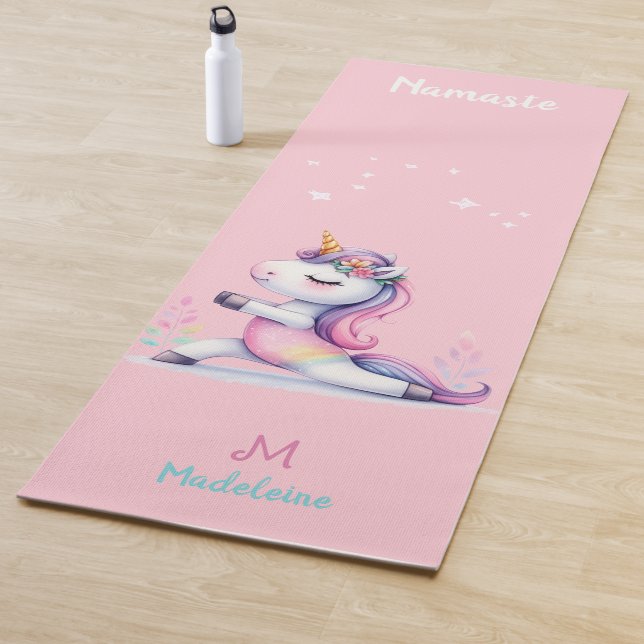 Unicorn Rainbow Yoga Pose Cute Pink Name Monogram Yoga Mat (In Situ)