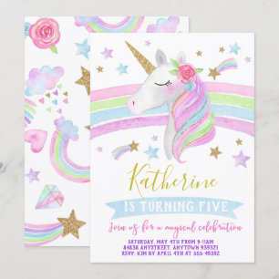 Unicorn rainbows birthday invitation watercolor