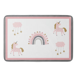 Unicorn Rainbows Stars Pink Boho Pattern Bath Mat