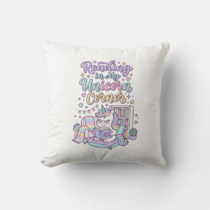 Unicorn Reading in My Unicorn Corner Cute Pastel T Throw Pillow