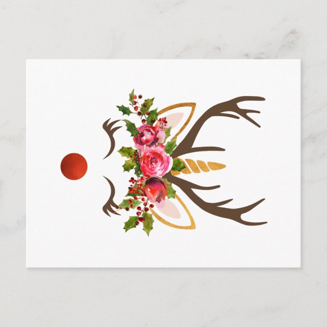 Unicorn Reindeer Antler / Christmas Flowers Holiday Postcard (Front)