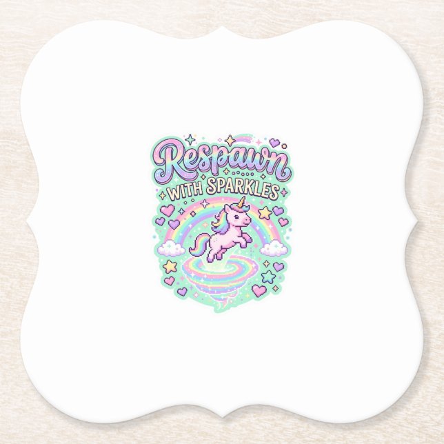 Unicorn Respawn with Sparkles Premium Vector Stick Paper Coaster (Front)