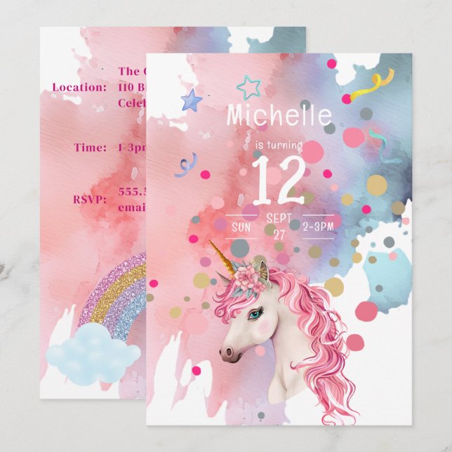 Unicorn Retro Birthday Invitation (Front/Back)
