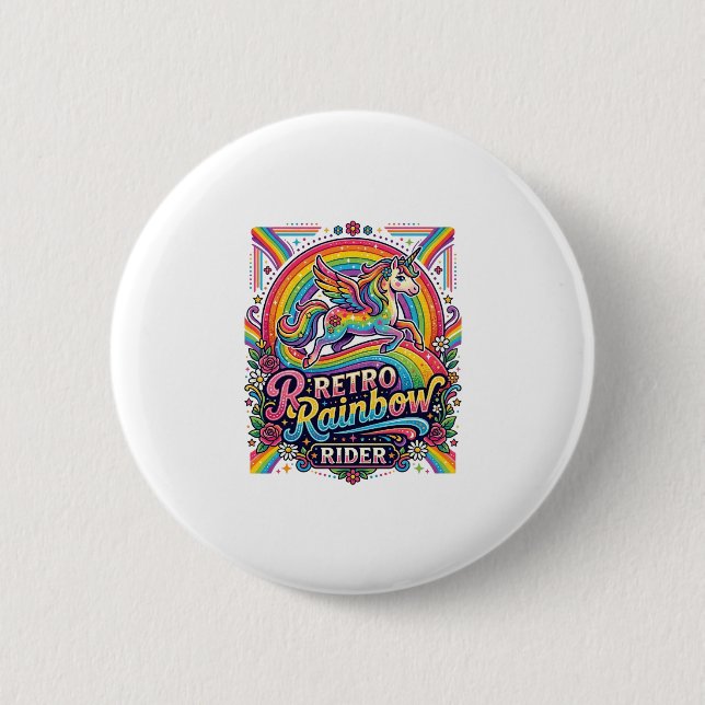 Unicorn Retro Rainbow Rider 2 Inch Round Button (Front)
