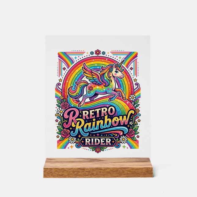 Unicorn Retro Rainbow Rider Acrylic Sign (Front)