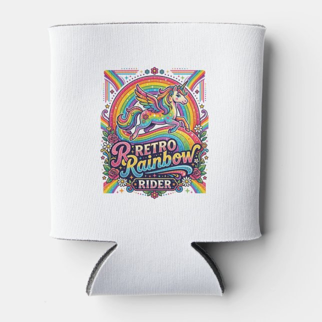 Unicorn Retro Rainbow Rider Can Cooler (Front)