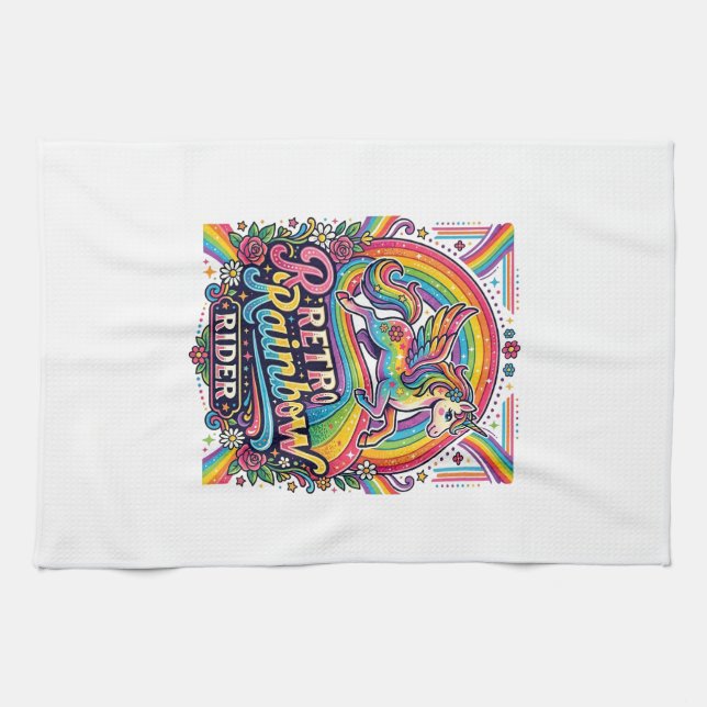 Unicorn Retro Rainbow Rider Kitchen Towel (Horizontal)