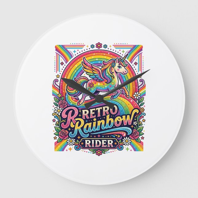 Unicorn Retro Rainbow Rider Large Clock (Front)