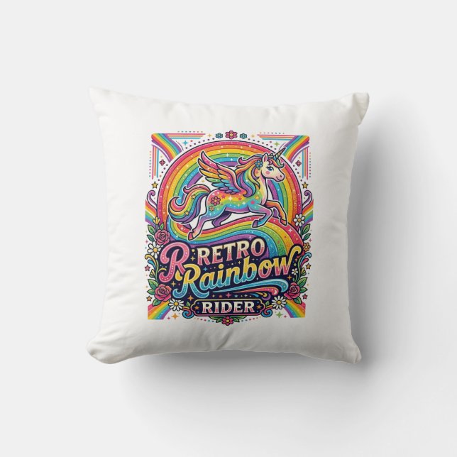 Unicorn Retro Rainbow Rider Throw Pillow (Front)