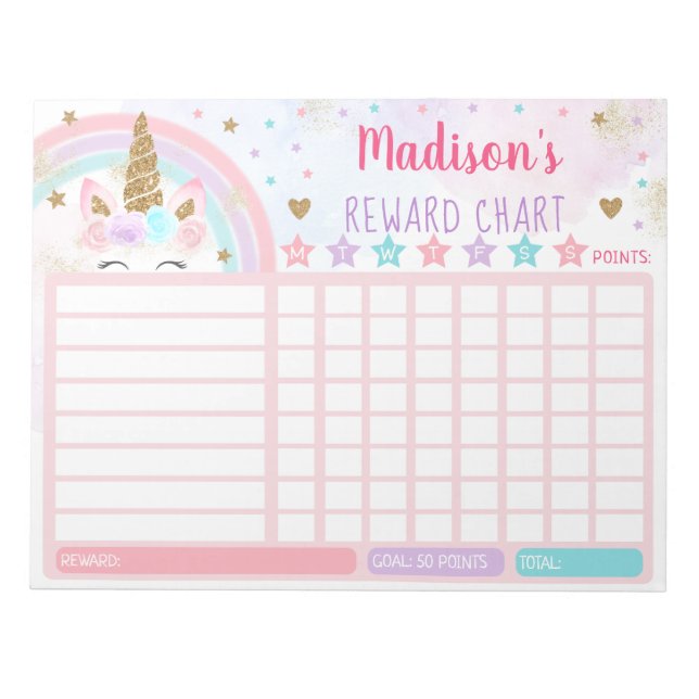 Unicorn Reward Chart Chore Chart Pink Gold Rainbow Notepad (Front)