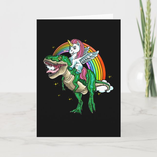 Unicorn Rides On T-Rex Funny Kids Men Gift Card (Front)