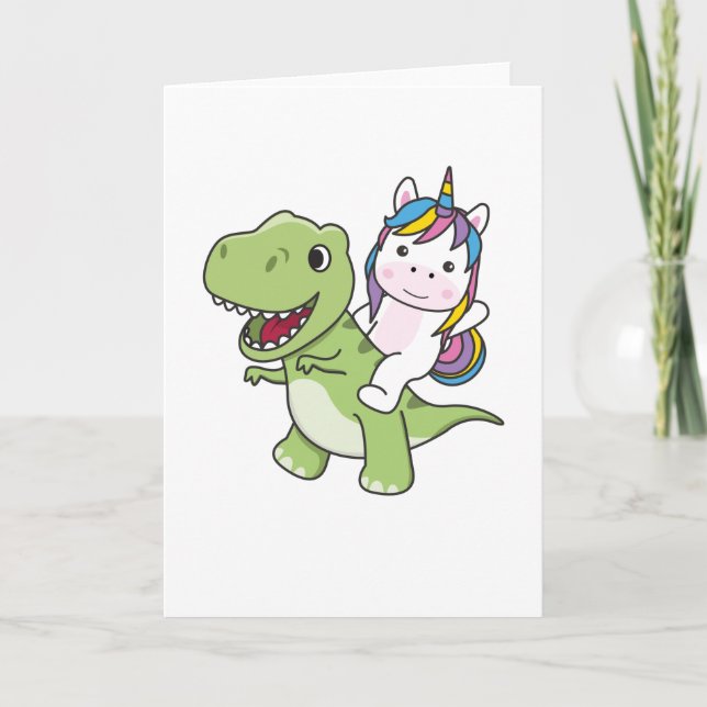 Unicorn Rides On Trex Cute Dinosaur With Unicorns Card (Front)