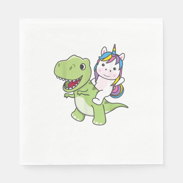 Unicorn Rides On Trex Cute Dinosaur With Unicorns  Napkin (Front)