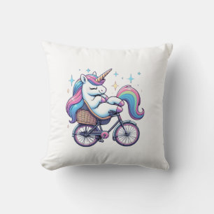 Unicorn Riding Bicycle Boys Girls Women Kids Teens Throw Pillow