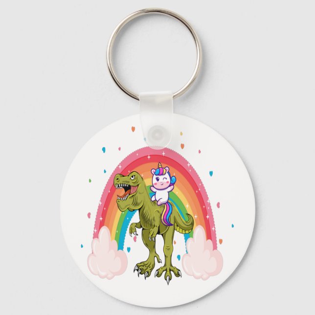 Unicorn Riding Dinosaur Basic Button  Keychain (Front)