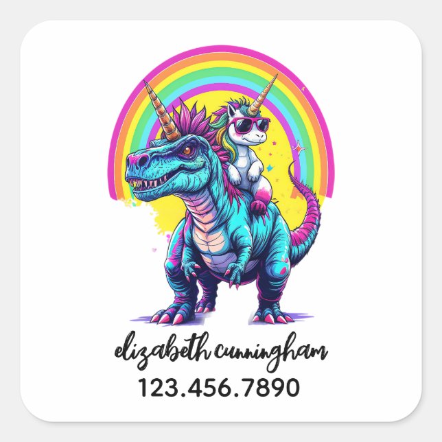 Unicorn Riding Dinosaur Rainbow Name school Square Sticker (Front)