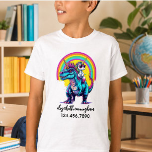 Unicorn Riding Dinosaur Rainbow Name school T-Shirt