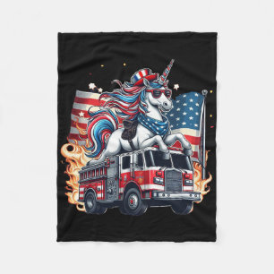 Unicorn Riding Fire Truck 4th Of July Boys Girls W Fleece Blanket