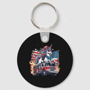 Unicorn Riding Fire Truck 4th Of July Boys Girls W Keychain