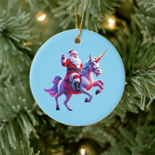 Unicorn Riding Santa Ceramic Ornament