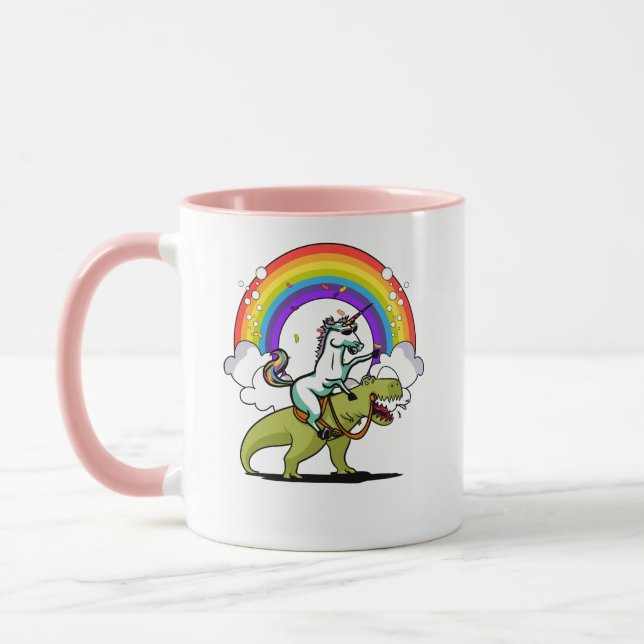 Unicorn Riding T-Rex Dinosaur Magical Rainbow Mug (Left)