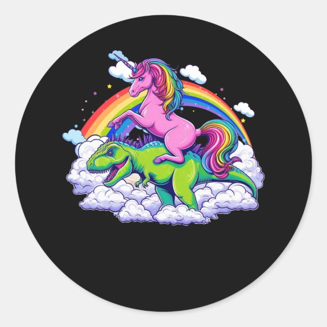 Unicorn Riding T Rex Dinosaur Rainbow Graphic Nove Classic Round Sticker (Front)