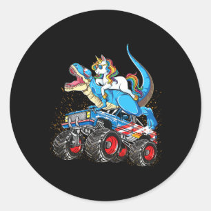 Unicorn Riding T Rex Monster Truck Boys Girls Unic Classic Round Sticker