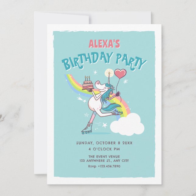 unicorn roller skates birthday invitation (Front)