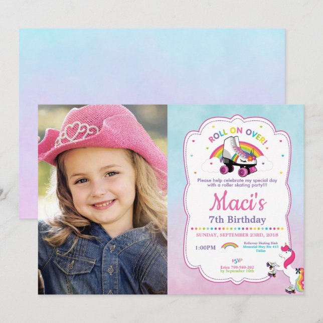 Unicorn Roller Skating Birthday Party Photo Invitation (Front/Back)