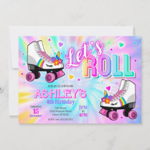 Unicorn Roller Skating Birthday Party Tie Dye Glow Invitation