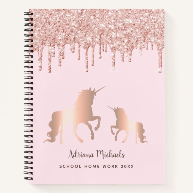 Unicorn rose gold glitter drips name girl notebook (Front)