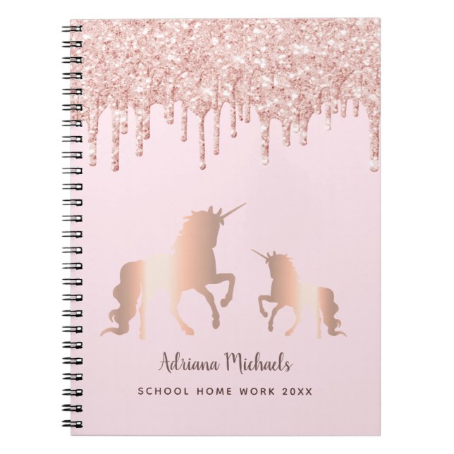 Unicorn rose gold glitter pink monogram glam notebook (Front)