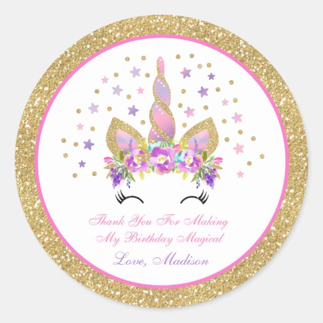Unicorn rose & Gold Party Favoriser Sticker de bal (Devant)