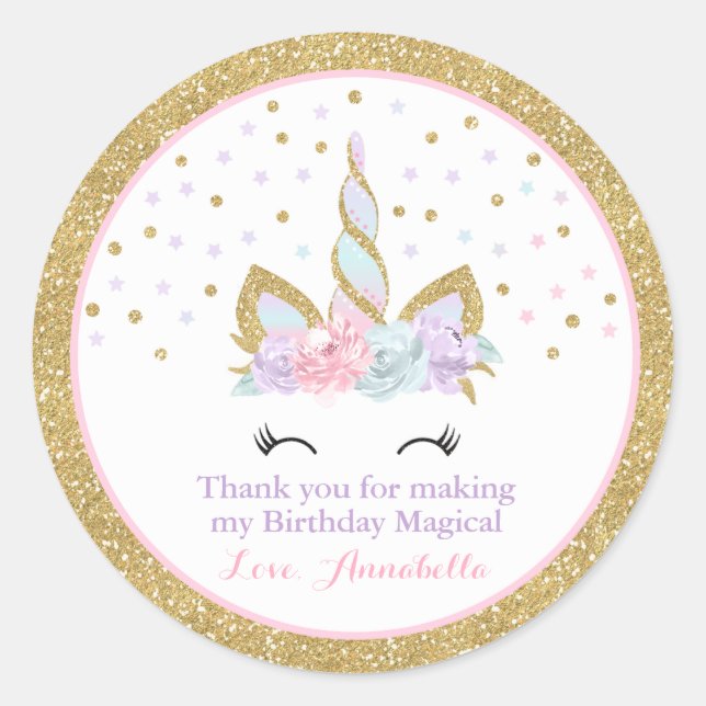 Unicorn rose & Gold Party Favoriser Sticker de bal (Devant)