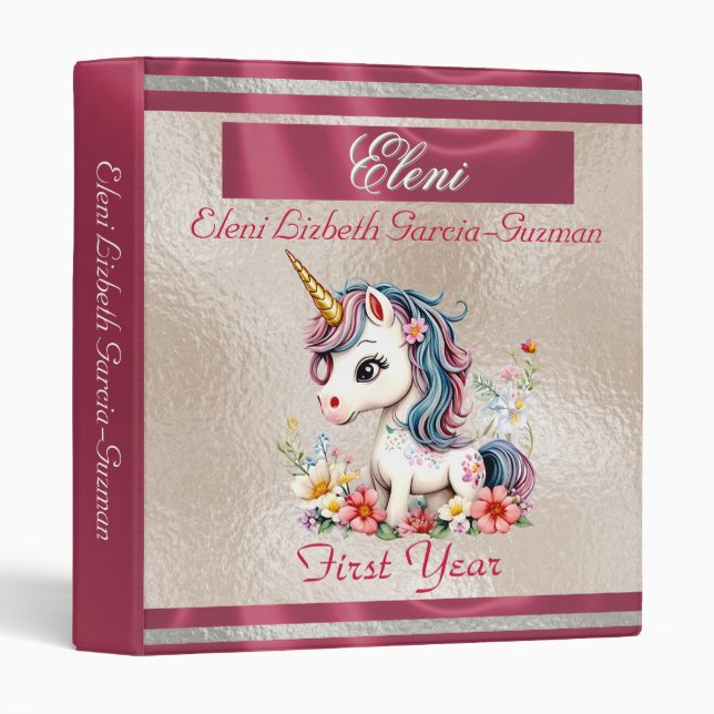 Unicorn - Rose Ribbon Baby Book Binder (Front/Spine)
