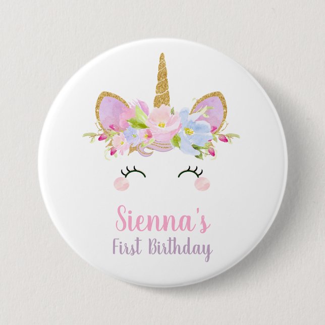 Unicorn Round Badge 1st Birthday Girl 3 Inch Round Button (Front)