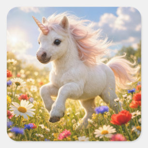 Unicorn Running In Wildflower Field Square Sticker