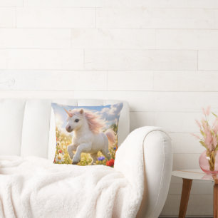 Unicorn Running In Wildflower Field Throw Pillow