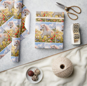 Unicorn Running In Wildflower Field Wrapping Paper
