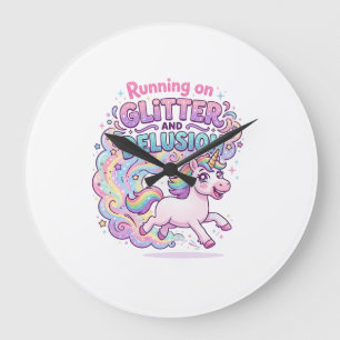Unicorn Running on Glitter and Delusion Charming M Large Clock
