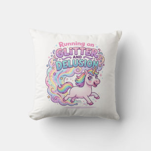 Unicorn Running on Glitter and Delusion Charming M Throw Pillow