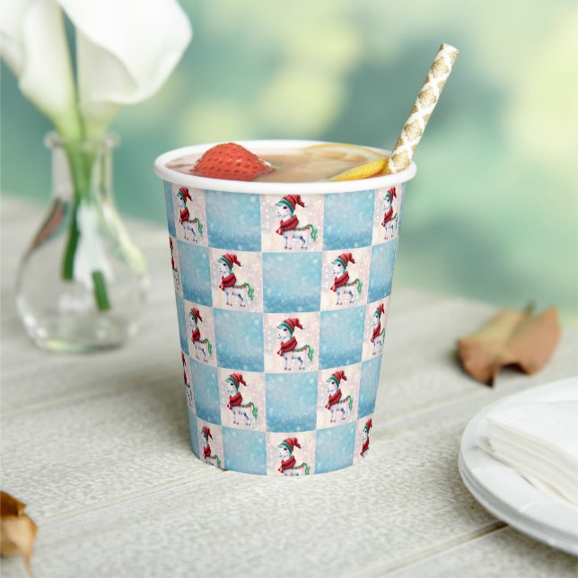 Unicorn Santa Happy Merry Christmas check pattern Paper Cups (Insitu)
