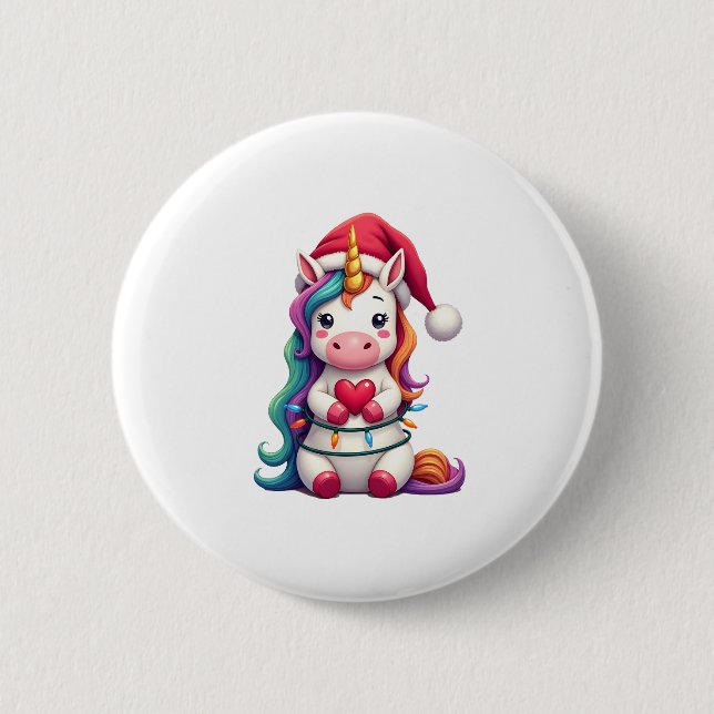Unicorn Santa Hat Christmas T-Shirt (4) 2 Inch Round Button (Front)