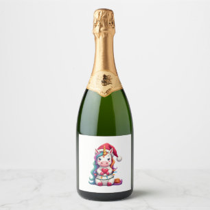 Unicorn Santa Hat Christmas T-Shirt (4) Sparkling Wine Label