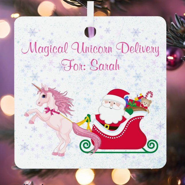 Unicorn Santa Sleigh Add Girl's Name Metal Ornament (Creator Uploaded)