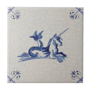 Unicorn Sea Creature Delft Blue 17th Century Repro Tile