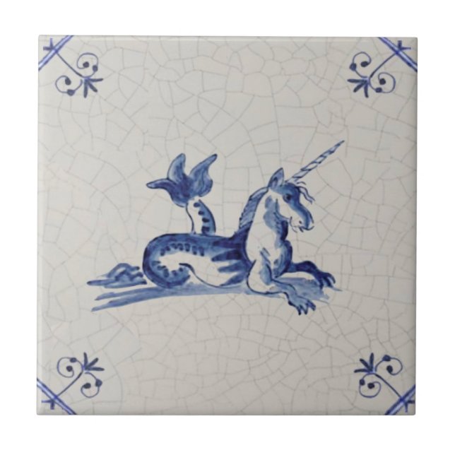 Unicorn Sea Creature Delft Blue 17th Century Repro Tile (Front)