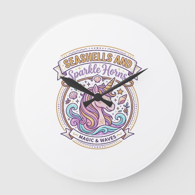 Unicorn Seashells and Sparkle Horns POD Ready Zazz Large Clock (Front)