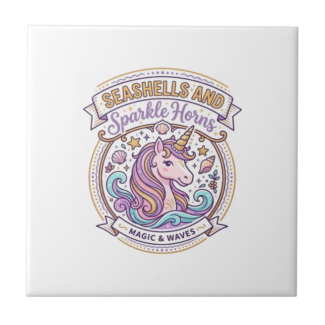 Unicorn Seashells and Sparkle Horns POD Ready Zazz Tile (Front)